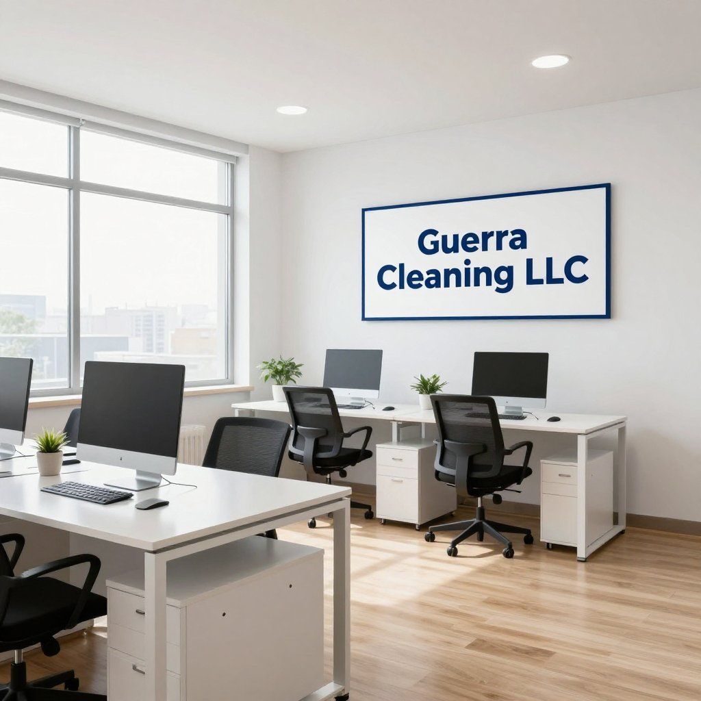 An office with white desks, computers, and black chairs. 