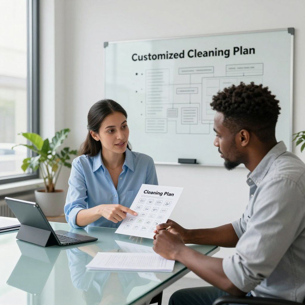 Woman pointing at a cleaning schedule, discussing with a man at a table, whiteboard in background.