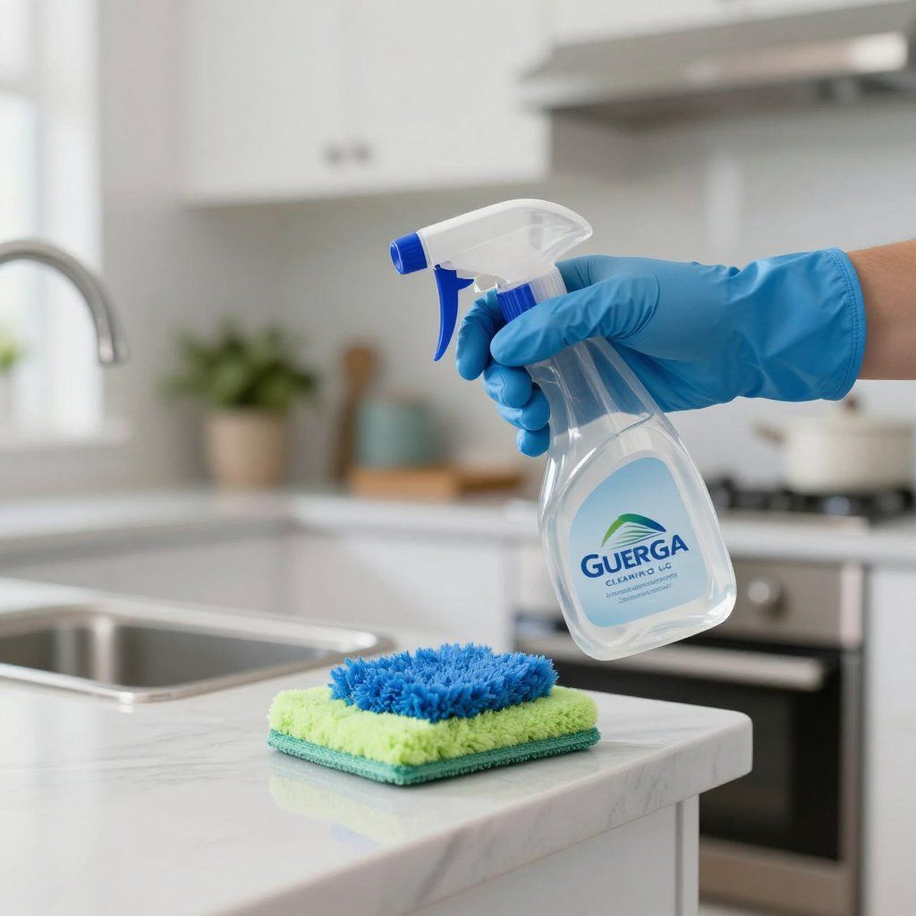 Person wearing a blue glove sprays cleaning product over a sponge on a kitchen countertop.