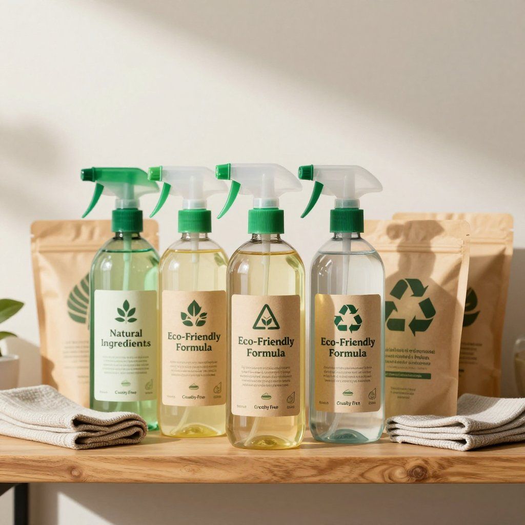 Cleaning products with green spray tops and eco-friendly labels on a wooden shelf, with brown refill pouches.