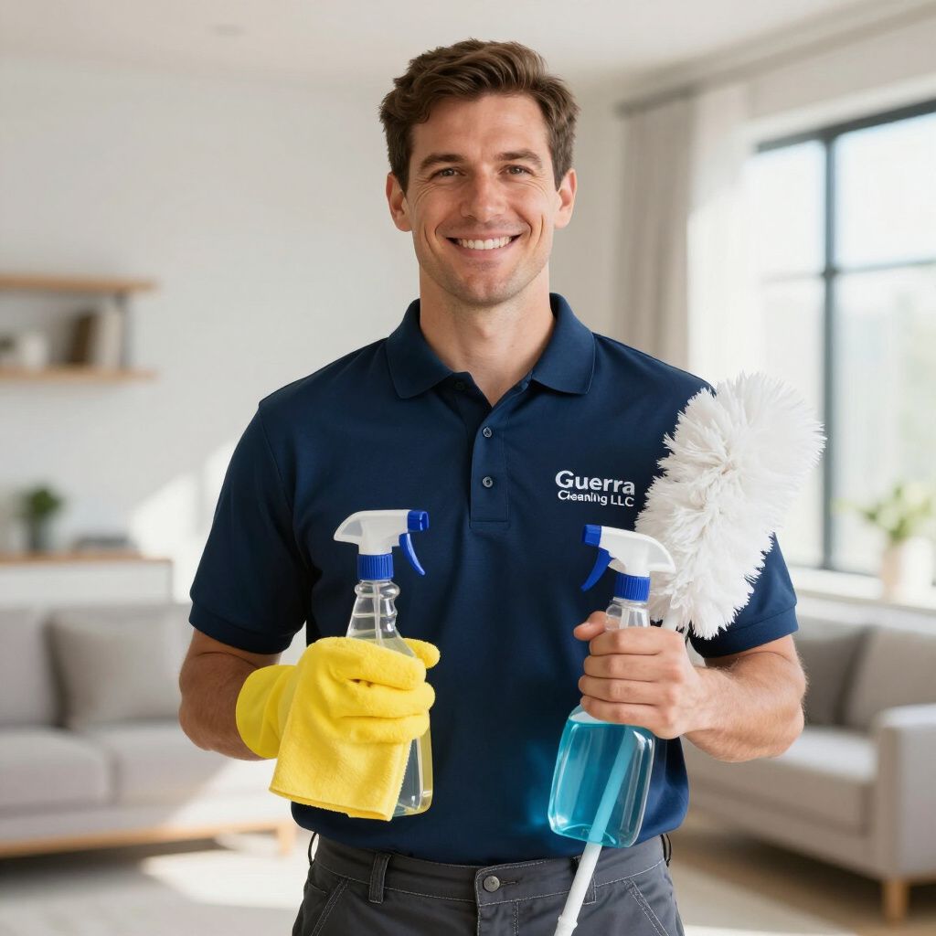 Man in blue shirt, holding cleaning supplies, smiling in a clean living room.