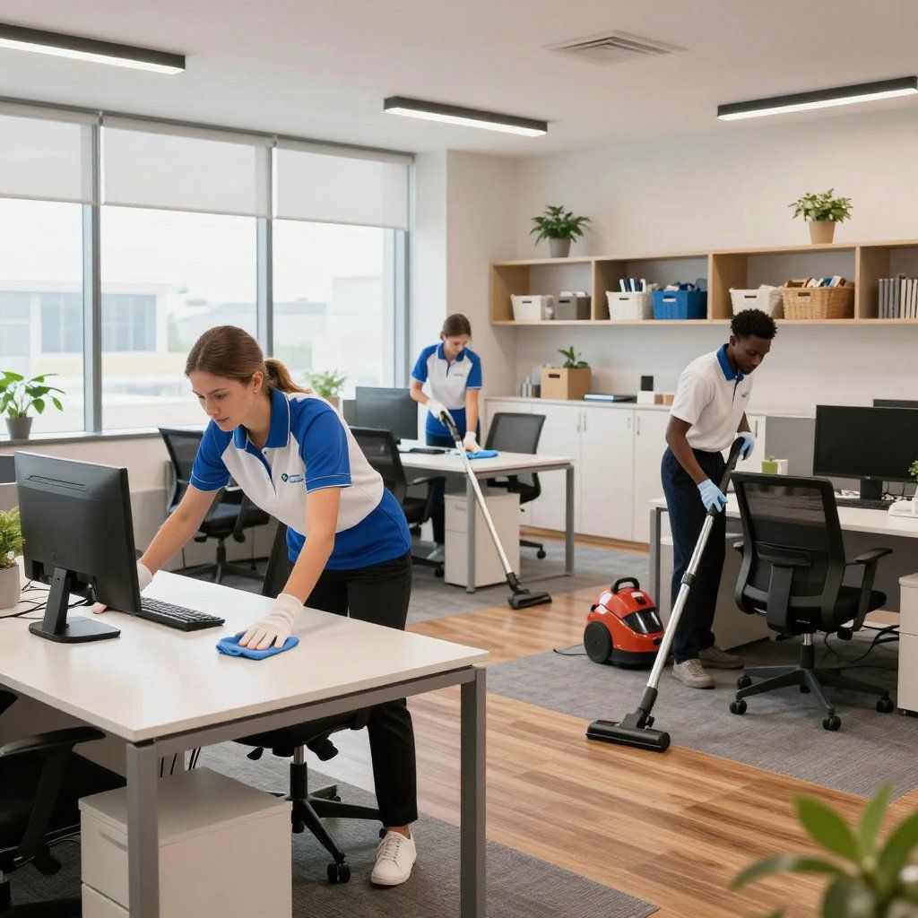 Office cleaners in blue and white uniforms tidying desks, vacuuming, and dusting in a bright office space.