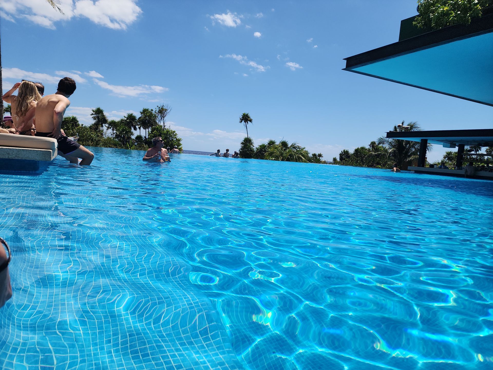 A group of people are swimming in an infinity pool