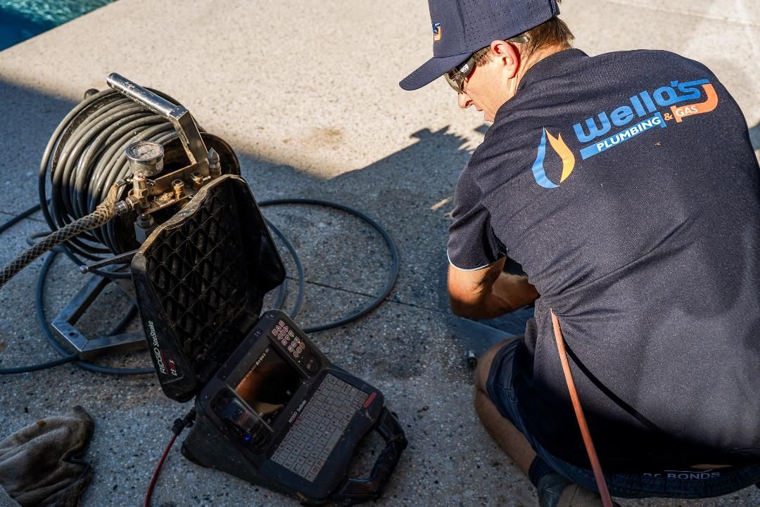A Man is Kneeling Down Next to a Camera and a Hose — Wello's Plumbing & Gas In Thurgoona, NSW