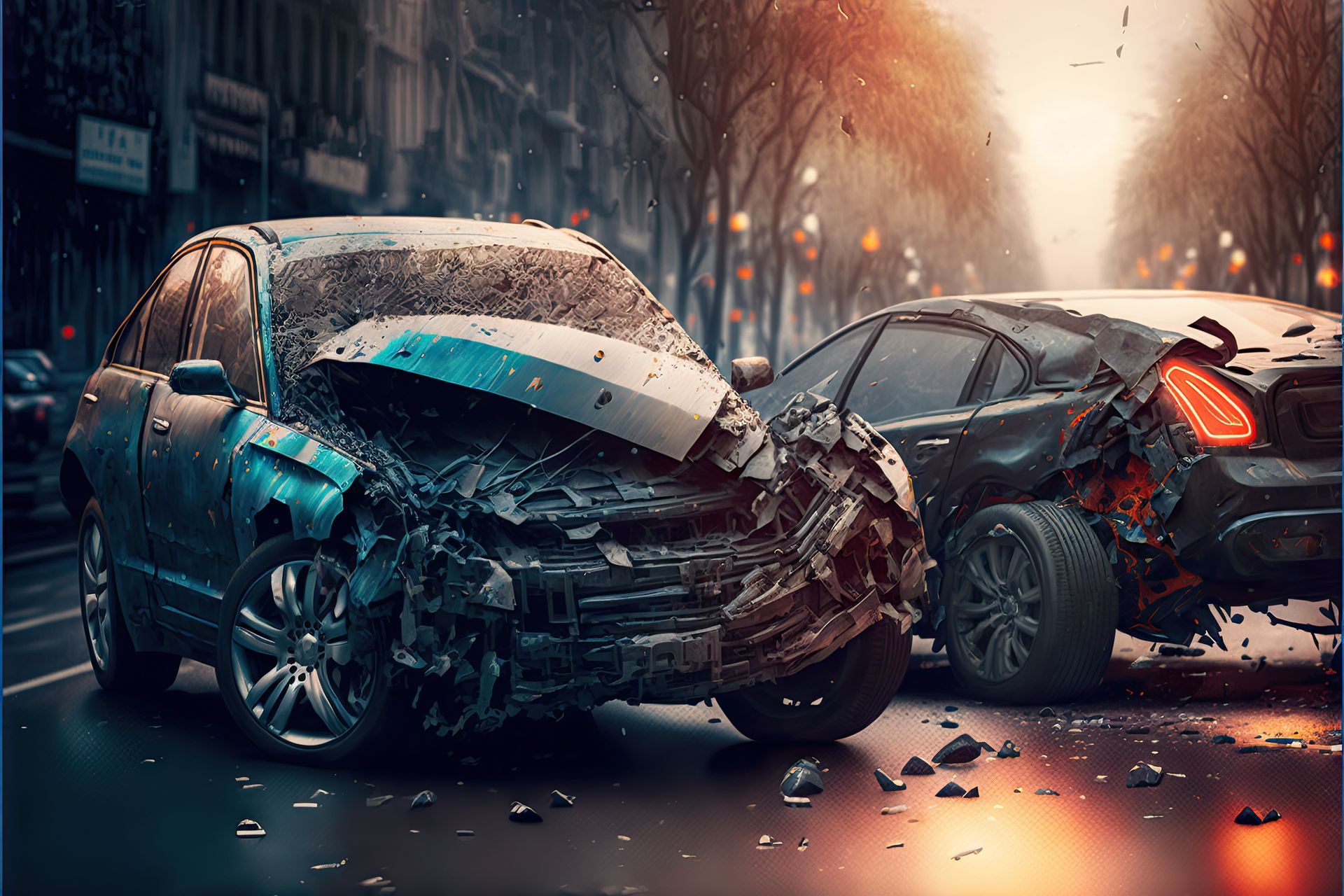Cars severely damaged in a collision on a wet city street.