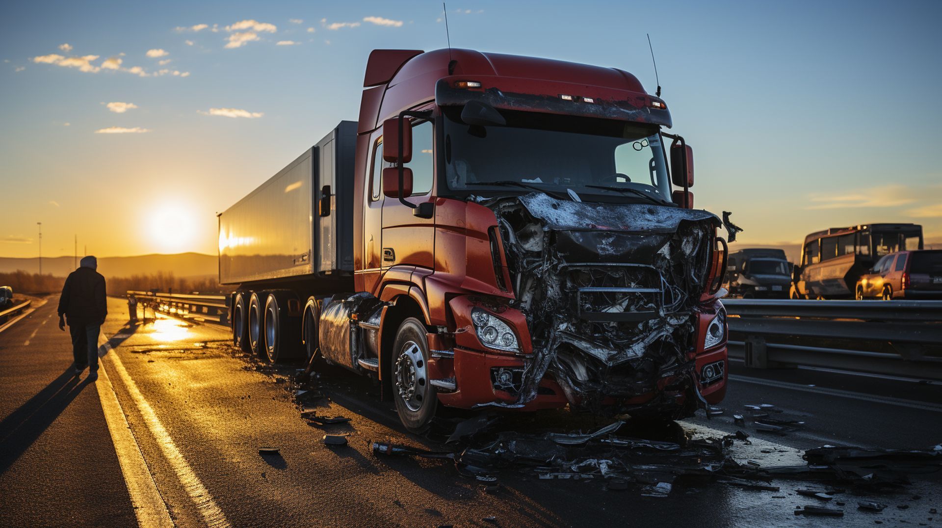 Red semi-truck with extensive front-end damage on a highway at sunset; person walks nearby.