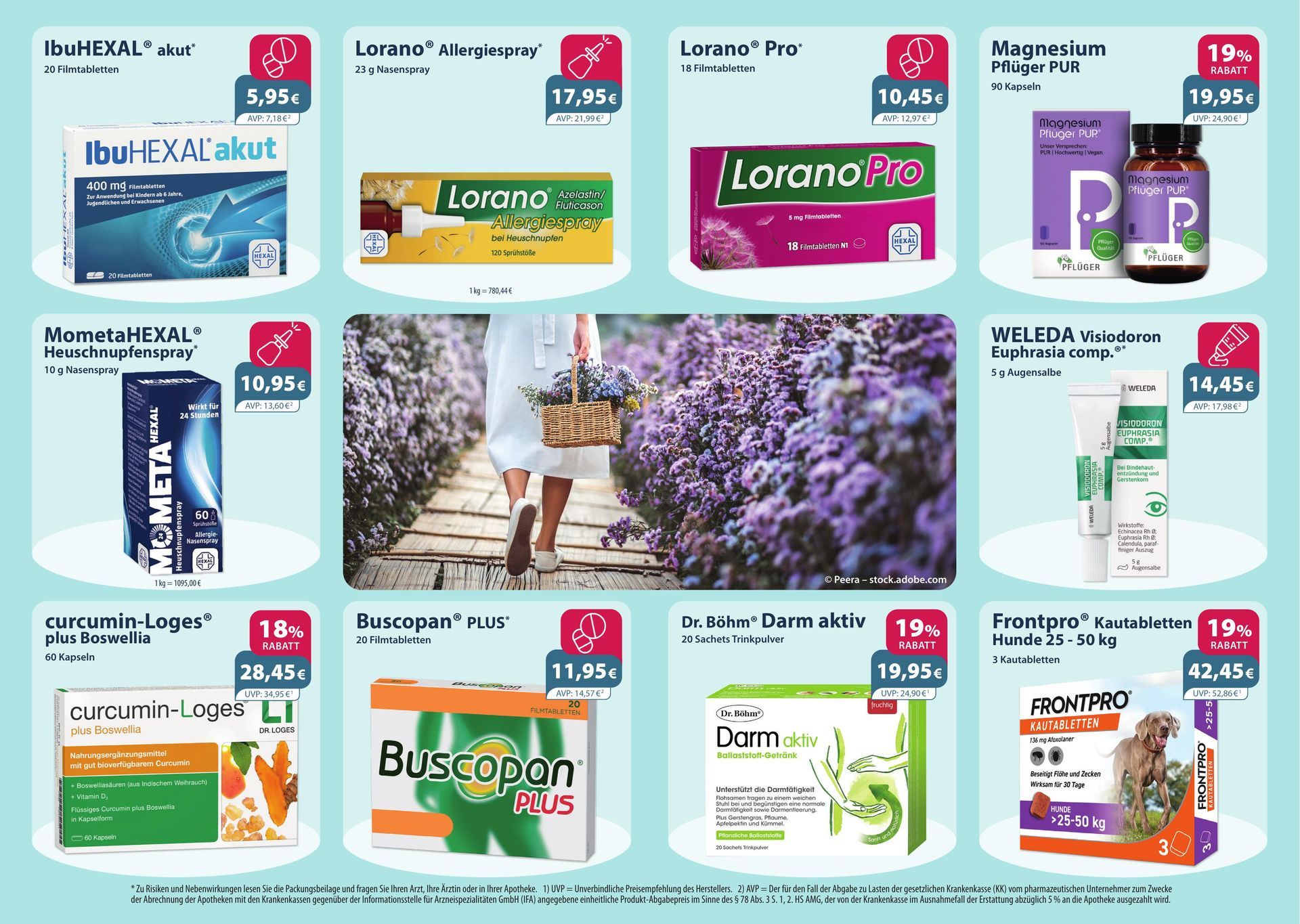 Ein Flyer für eine Apotheke zeigt verschiedene Produkte.