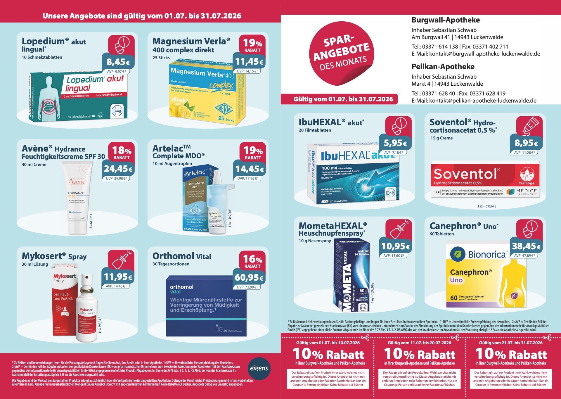 Ein Flyer für eine Apotheke zeigt verschiedene Produkte.