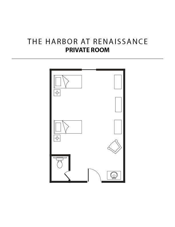 A black and white floor plan of a private room.