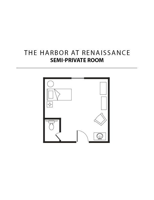 A black and white floor plan of a semi private room.