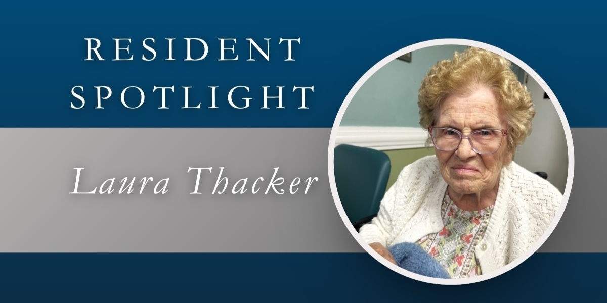 Resident Spotlight: Laura Thacker. Portrait of an elderly woman in a white sweater, inside a white circle.
