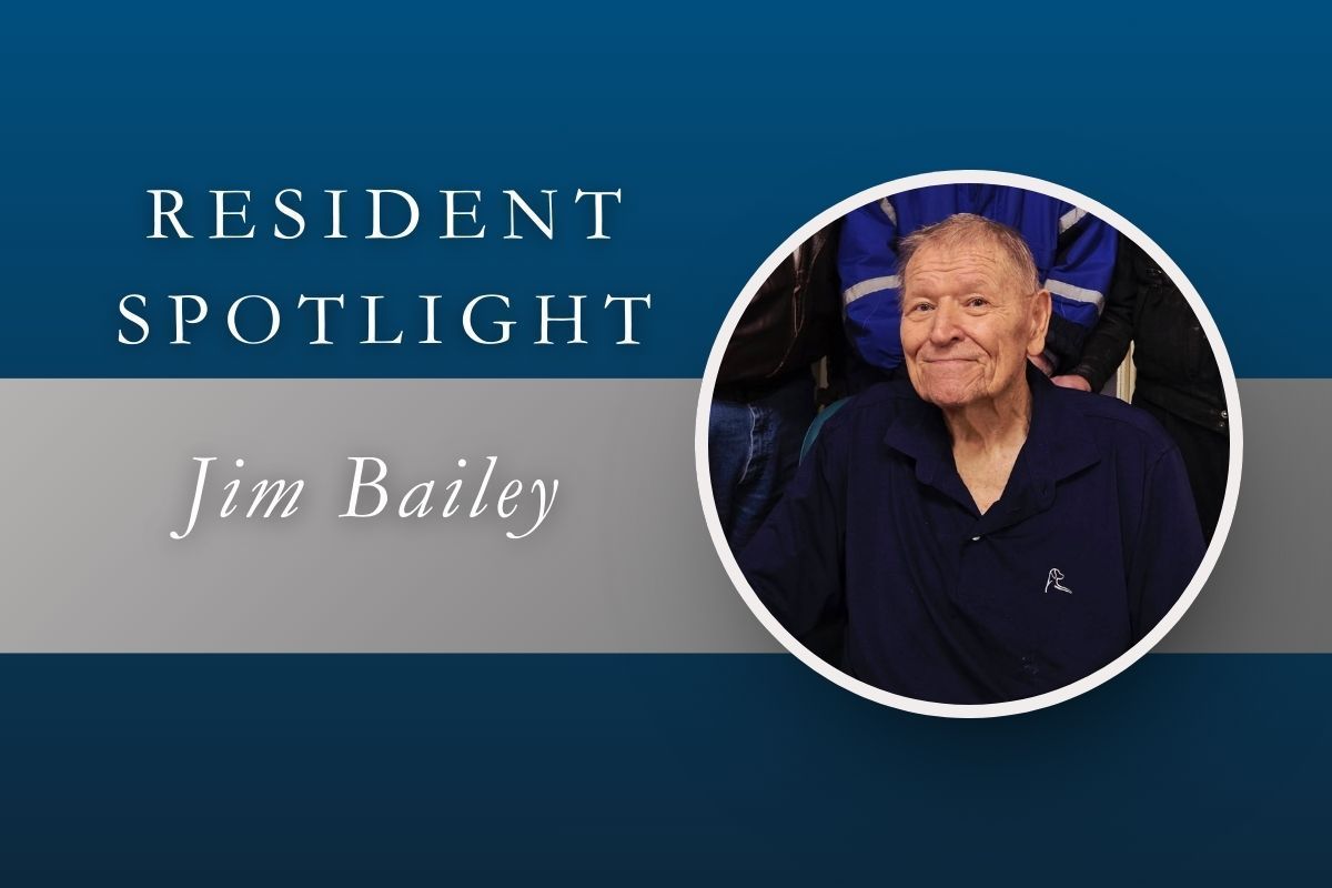 Resident spotlight: Jim Bailey, smiling man in blue shirt, set against a blue and gray background.
