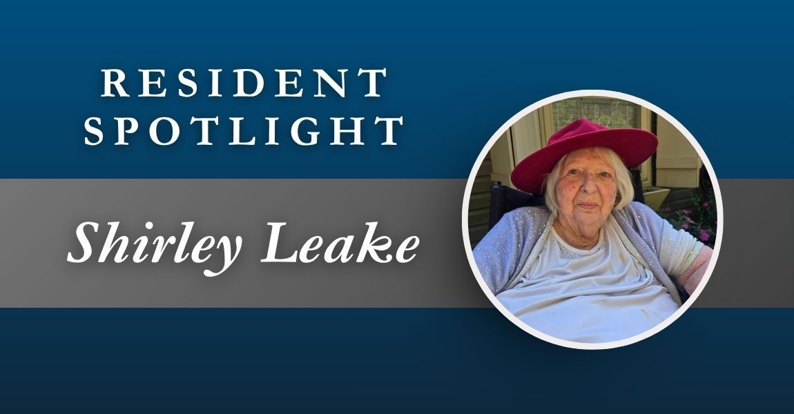 Resident Spotlight banner with Shirley Leake and a circular portrait against a blue background