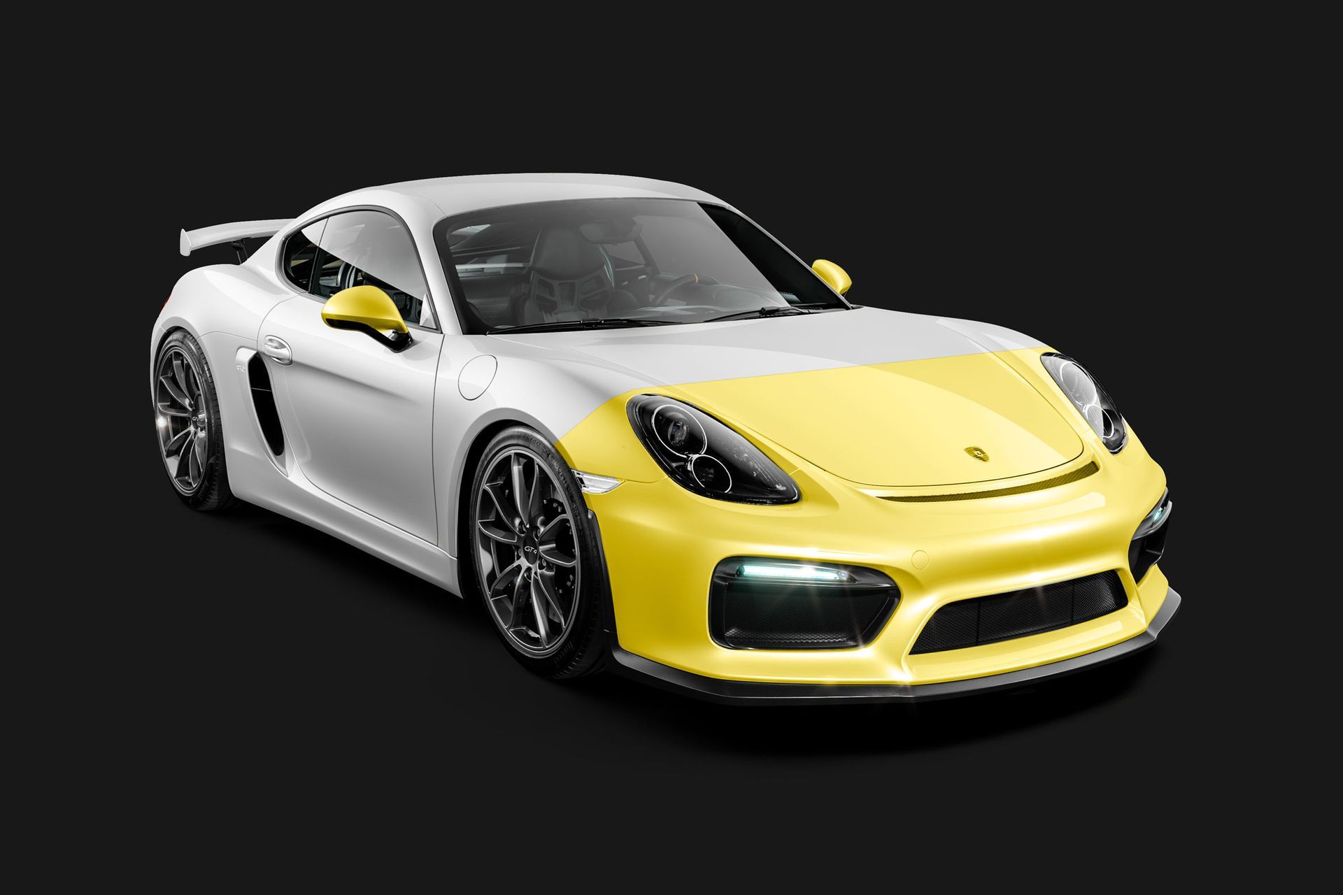 A white and yellow sports car on a black background.