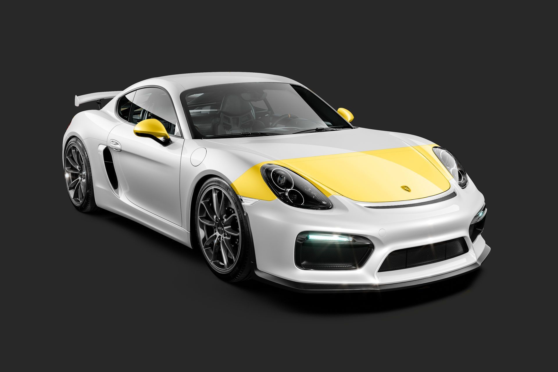 A white sports car with a yellow stripe on the hood on a black background.