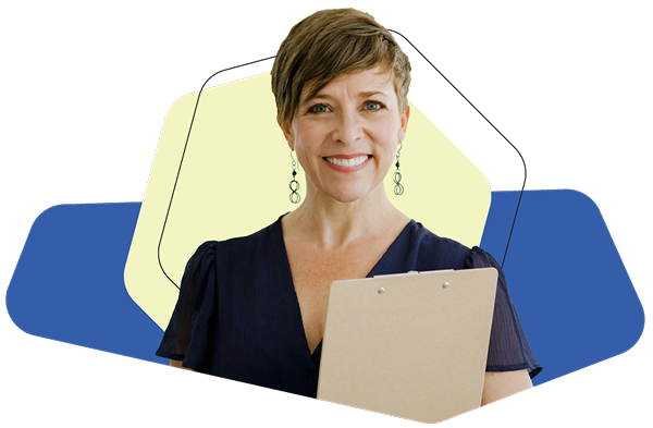 A woman is holding a clipboard and smiling.
