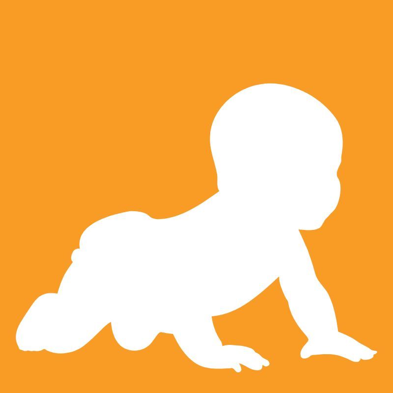 A white silhouette of a baby crawling on an orange background