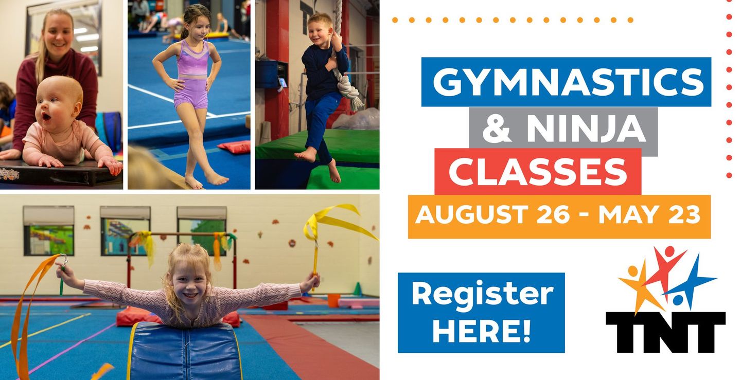 A collage of photos of children doing gymnastics and ninja classes.