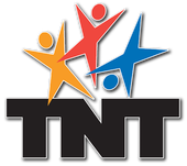 A logo for tnt with three people and stars