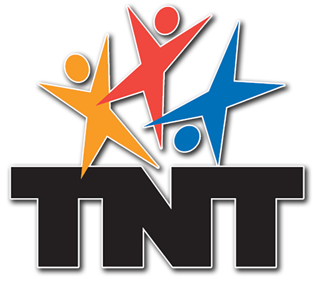 A logo for tnt with three people and stars