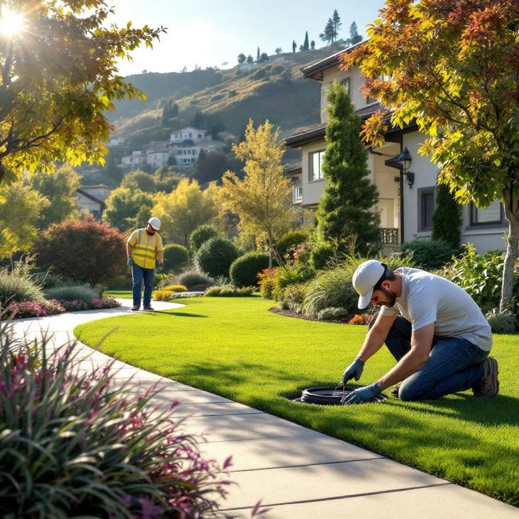 Comprehensive HOA landscaping scene with trimmed trees, fresh plant beds, aerated lawns, maintained turf, clean storm drains, and stabilized slopes.
