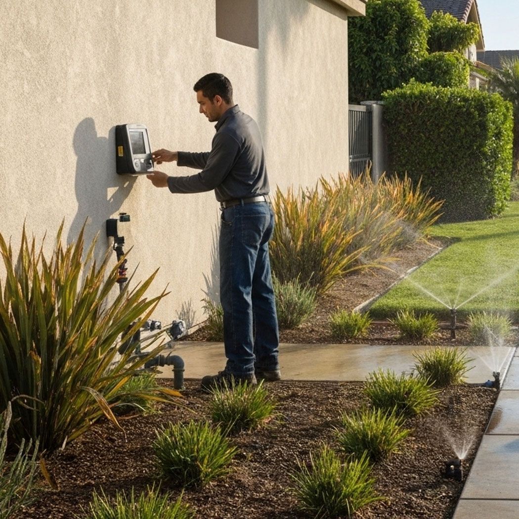 Landscaper adjusting a smart irrigation controller while sprinklers and drip lines water drought-tolerant plants in a Torrance HOA garden.