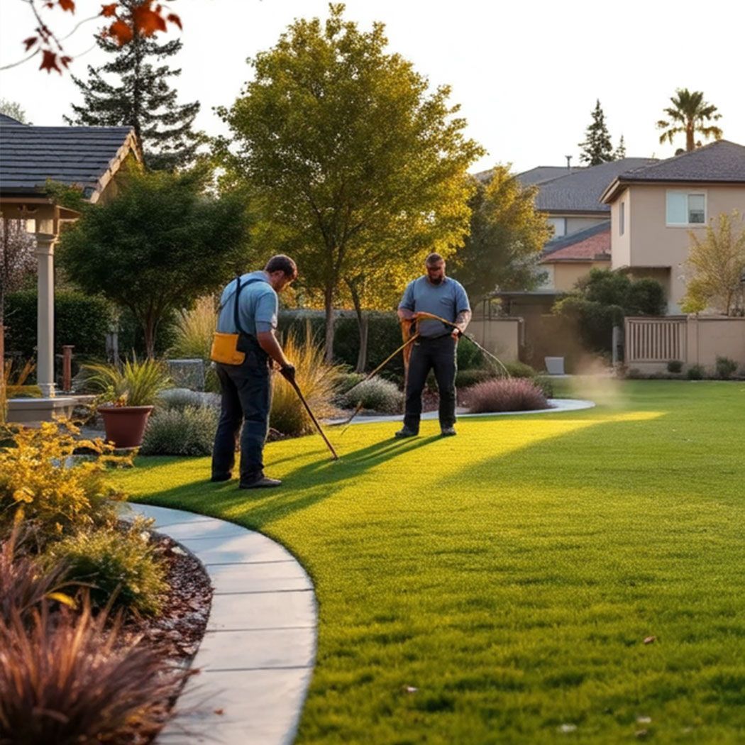 HOA shared spaces with landscapers aerating natural grass and cleaning artificial turf near a playground and pet run.