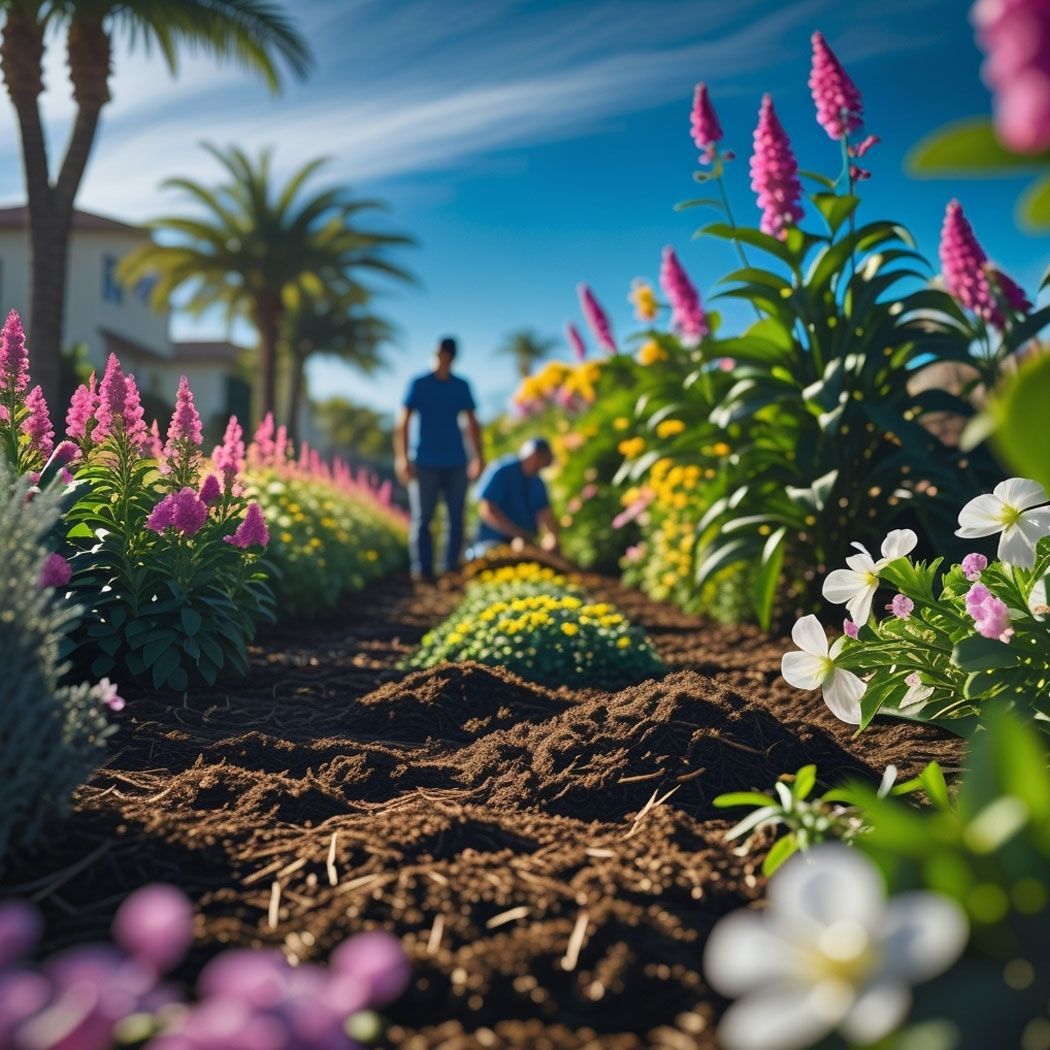 Workers planting drought-tolerant California lilac and lemonade berry with fresh mulch in a coastal HOA garden in Hermosa Beach.