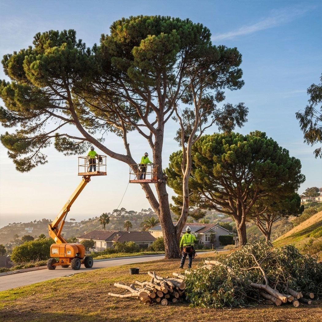 Landscapers pruning tall pine and eucalyptus trees in a Palos Verdes HOA community, removing unstable branches to prevent storm damage.