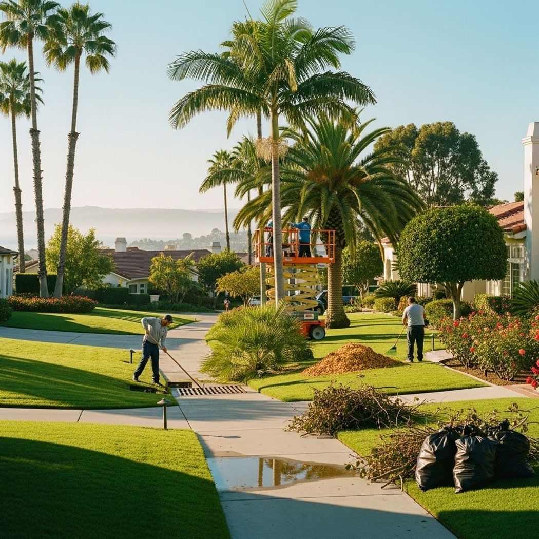 HOA community in Southern California with well-maintained landscaping, workers trimming trees, clearing drains, and raking leaves under bright fall sunlight.
