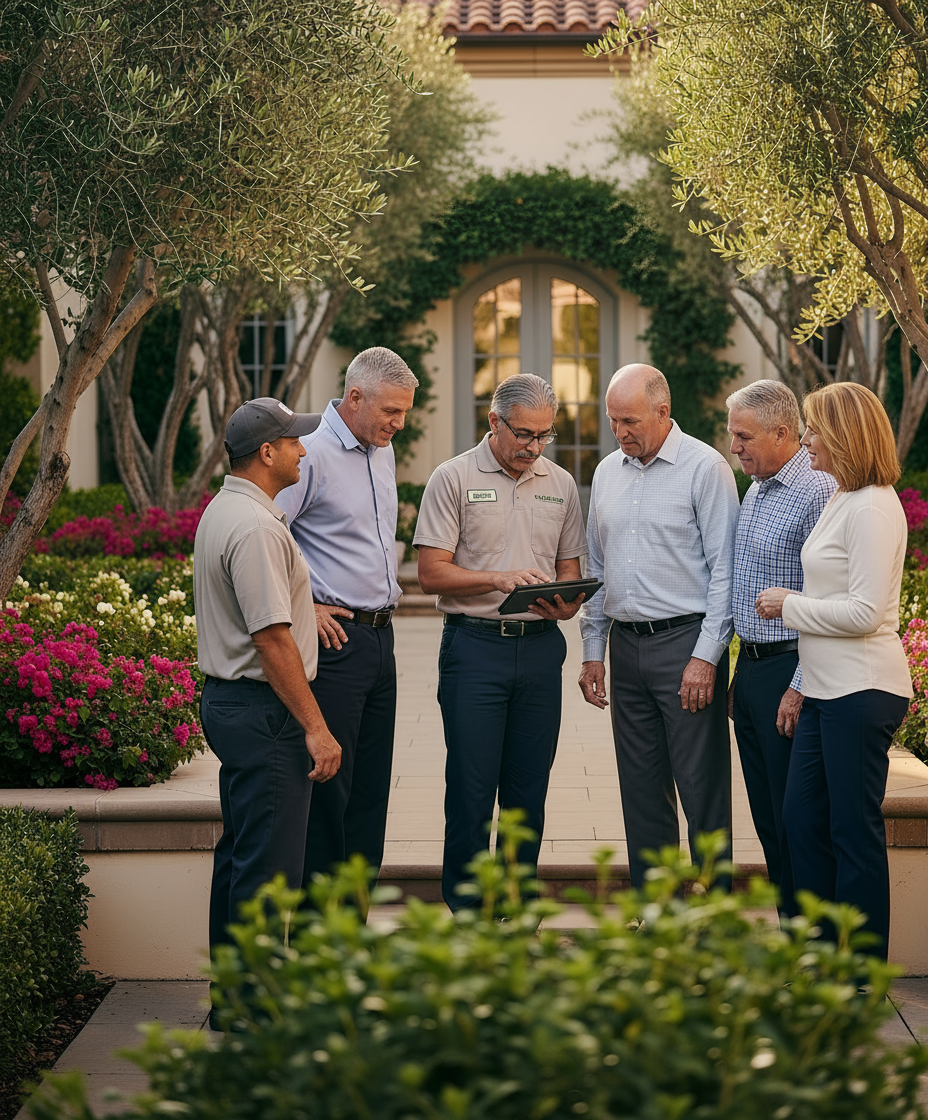 CG Tree & Landscape team providing HOA landscaping services in Torrance with well-pruned trees, vibrant plants, and residents enjoying a safe, beautiful community