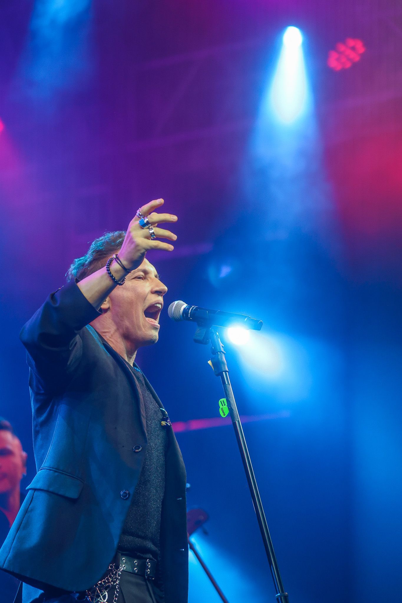 Um cantor se apresentando no palco, segurando um microfone com uma das mãos levantada.