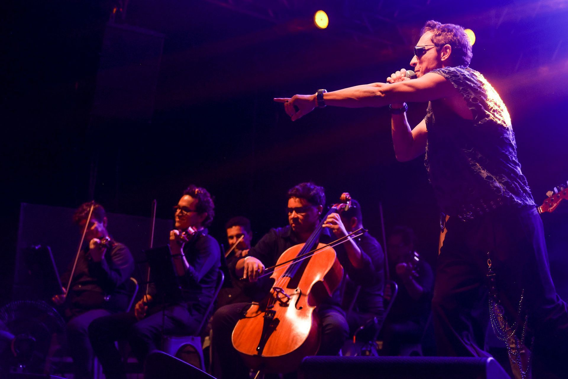 Homem cantando no palco, com o braço estendido. Luzes de palco roxas e amarelas iluminam a cena.