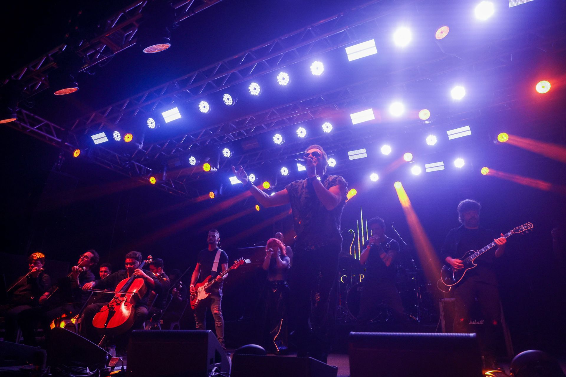 Uma banda se apresenta no palco com uma orquestra, banhada por luzes roxas e brancas.