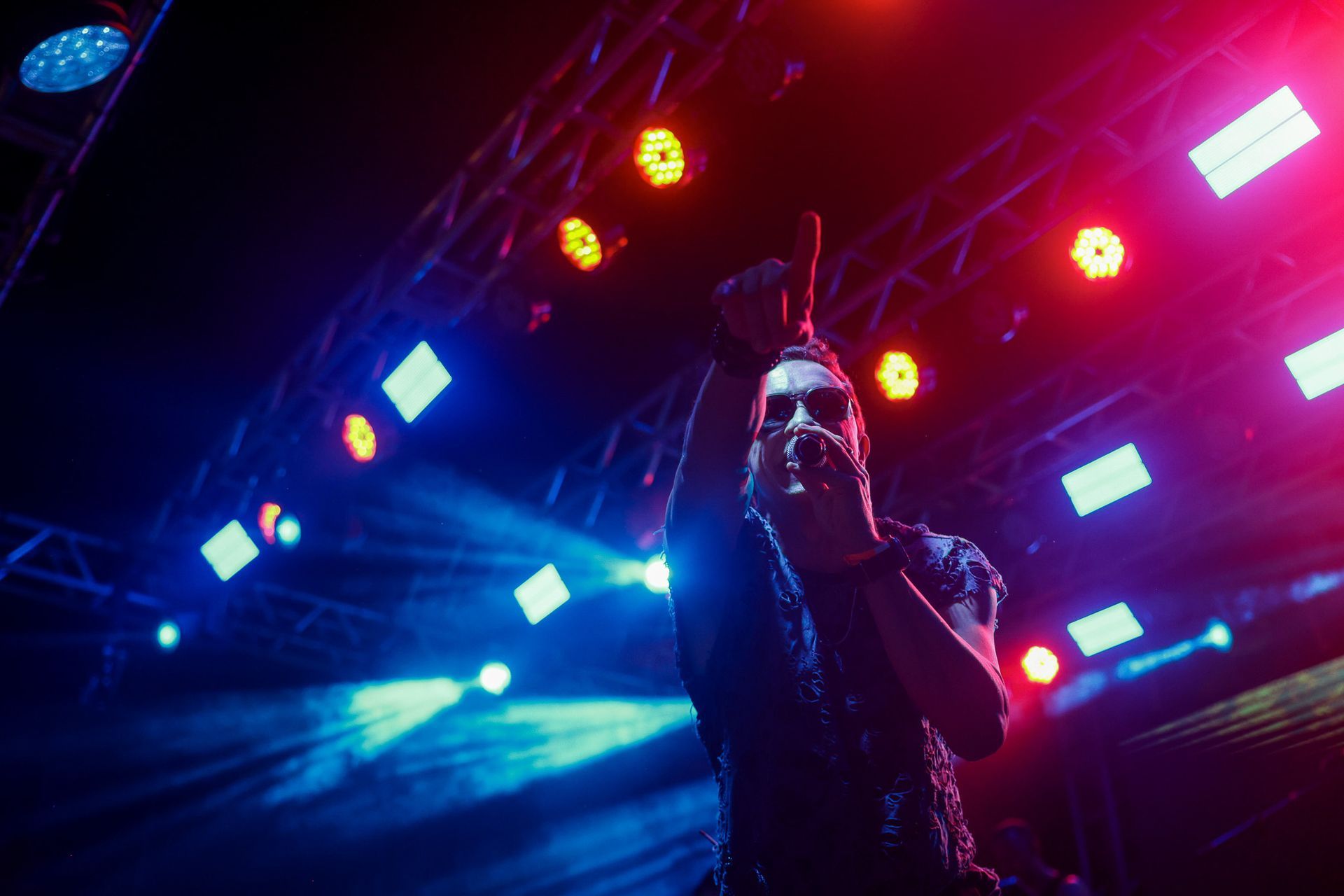 Cantor no palco, iluminada por luzes azuis e vermelhas, segurando um microfone, com o braço levantado