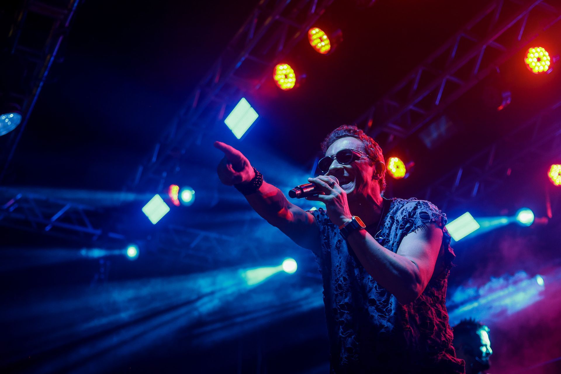 Cantor no palco, iluminada por luzes azuis e vermelhas, segurando um microfone, com o braço levantado