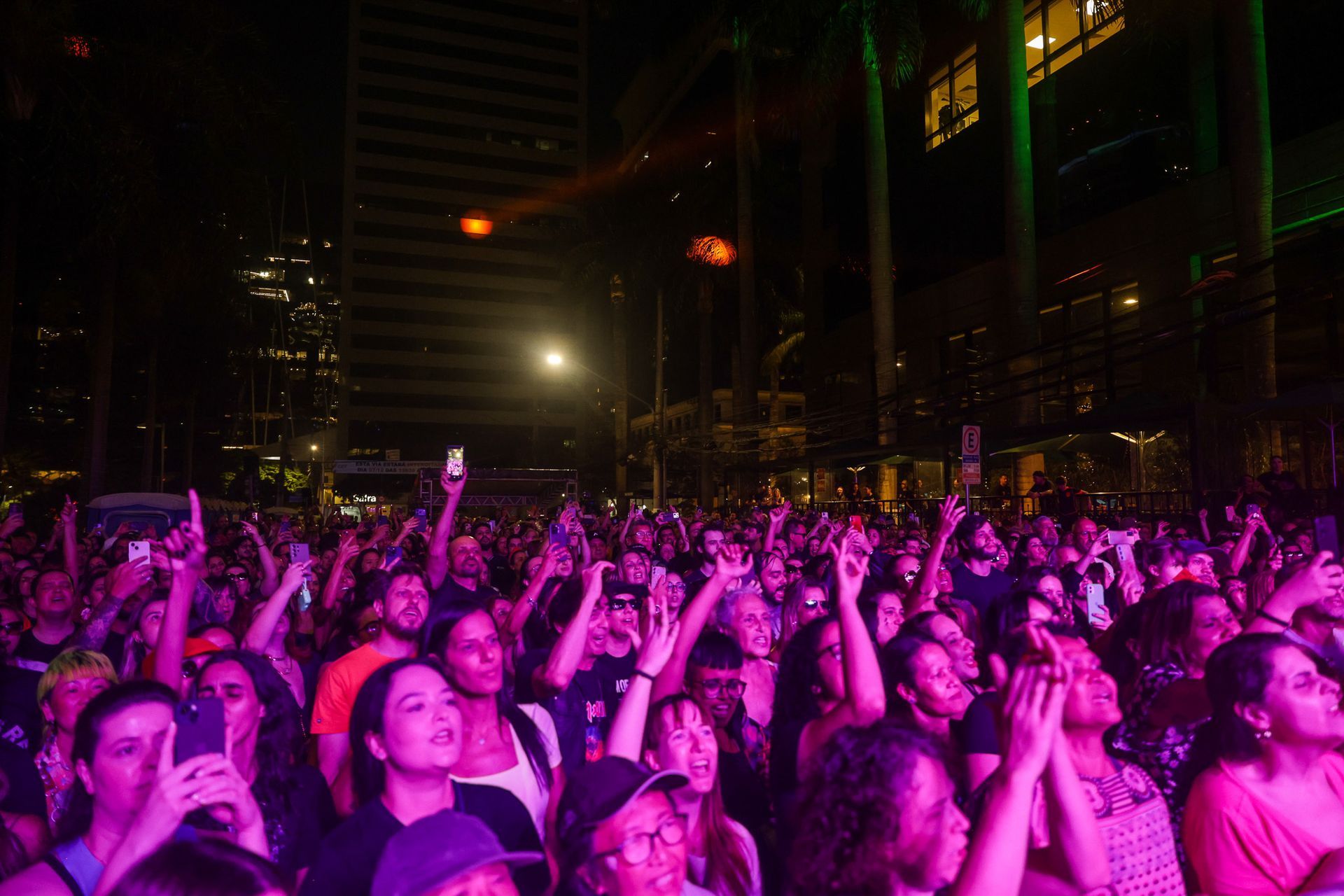 Público em um show noturno com as mãos erguidas, de frente para o palco. Iluminação de palco em tons de roxo e verde.