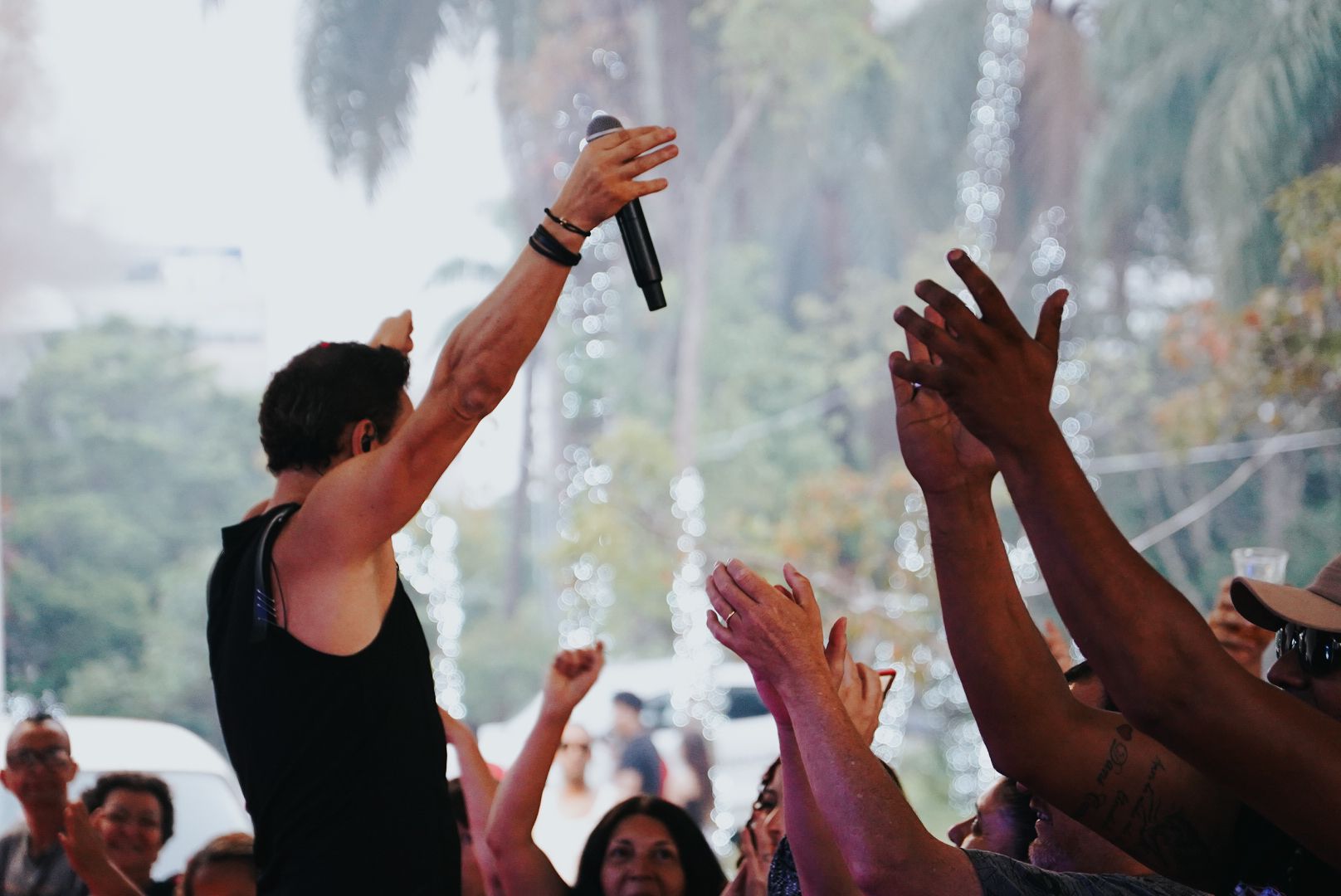 Cantor no palco com microfone, braços erguidos, plateia aplaudindo. Ambiente externo, árvores ao fundo.