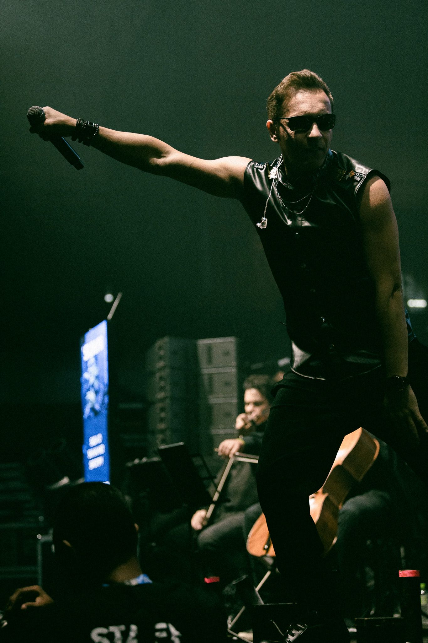 Homem cantando no palco, braço levantado, usando óculos escuros e roupas pretas; banda ao fundo.