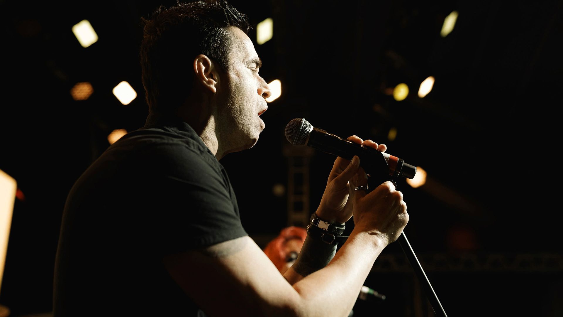 Uma pessoa canta em um microfone em um palco pouco iluminado, com suaves holofotes dourados ao fundo escuro.