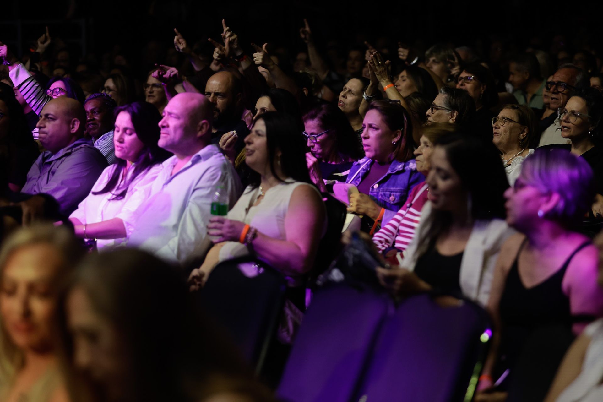 Público em um auditório escuro. As pessoas estão sentadas, algumas com as mãos levantadas, sorrindo e olhando para o palco.