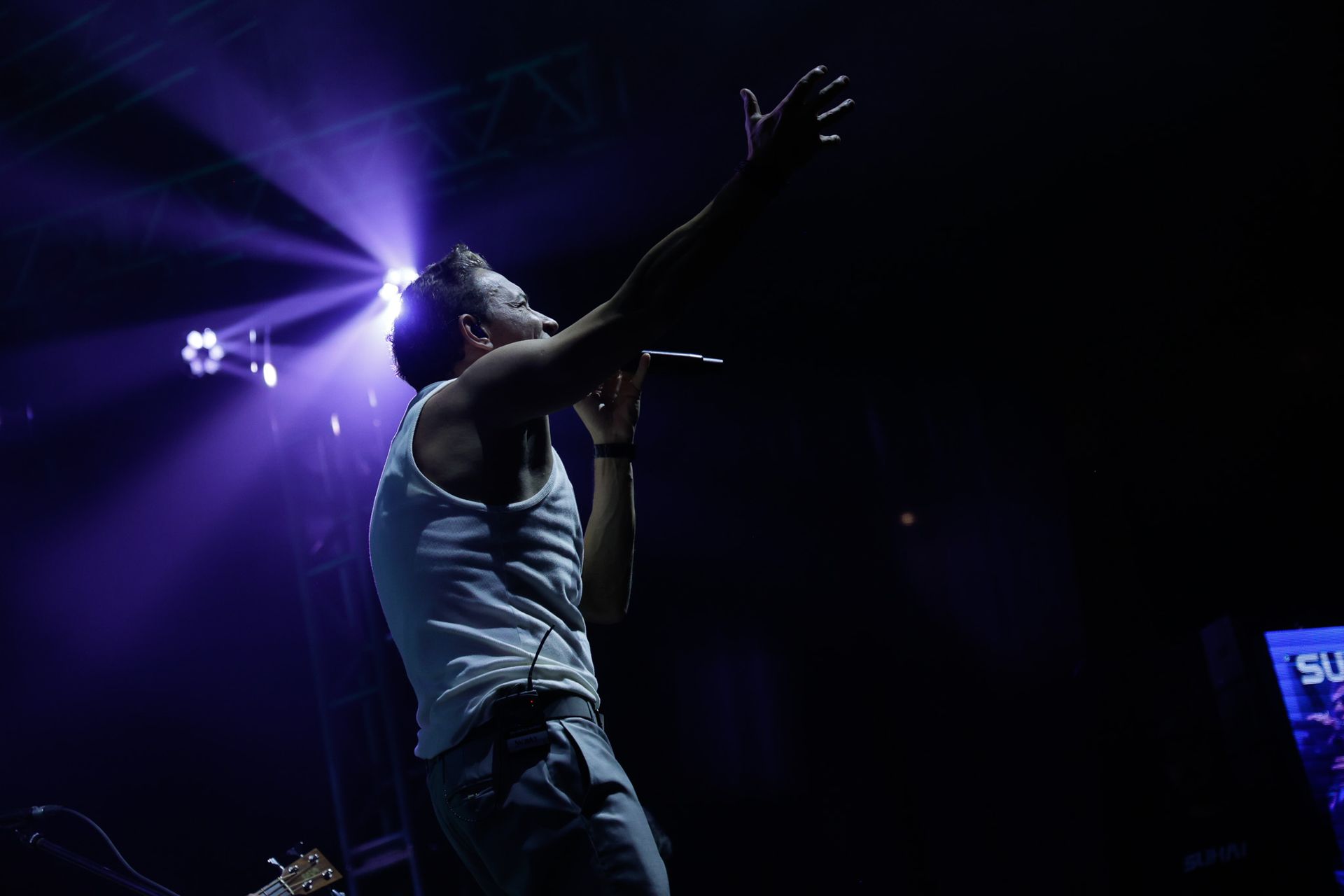 Homem cantando em um microfone no palco, com o braço levantado. Uma luz roxa ilumina o palco.