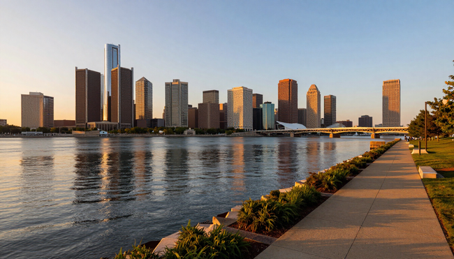 Detroit downtown skyline at golden hour