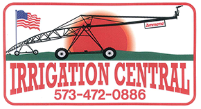 Logo for Irrigation Central featuring an irrigation pivot system, an American flag, and phone number 573-472-0886.