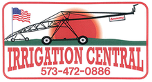 Logo for Irrigation Central featuring an irrigation pivot system, an American flag, and phone number 573-472-0886.