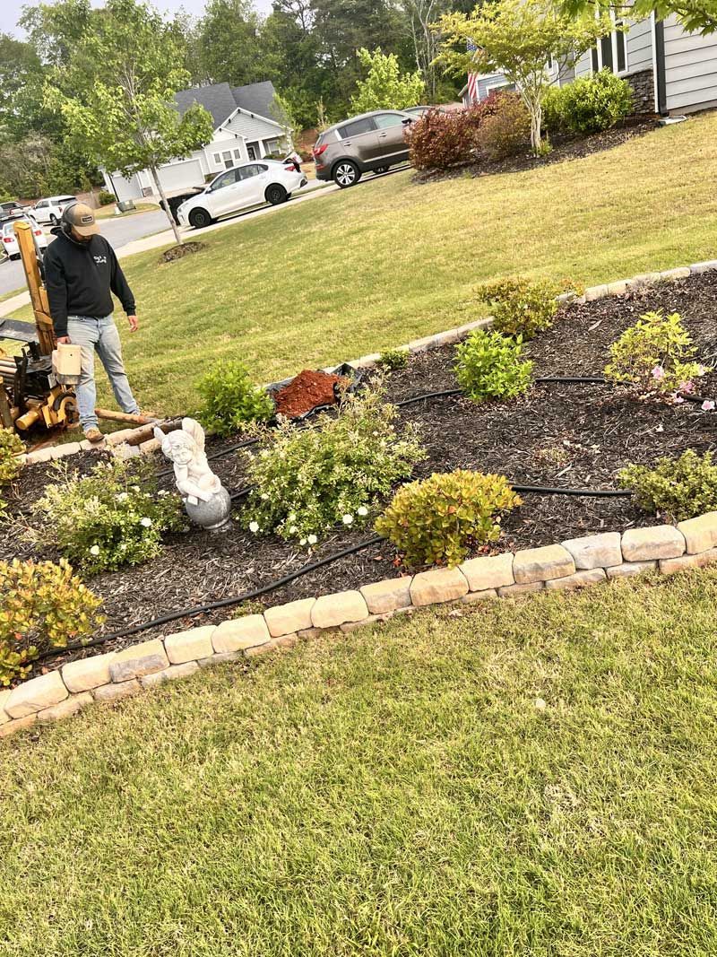 Man standing near a raised garden bed with mulch and plants, grass lawn in the foreground.