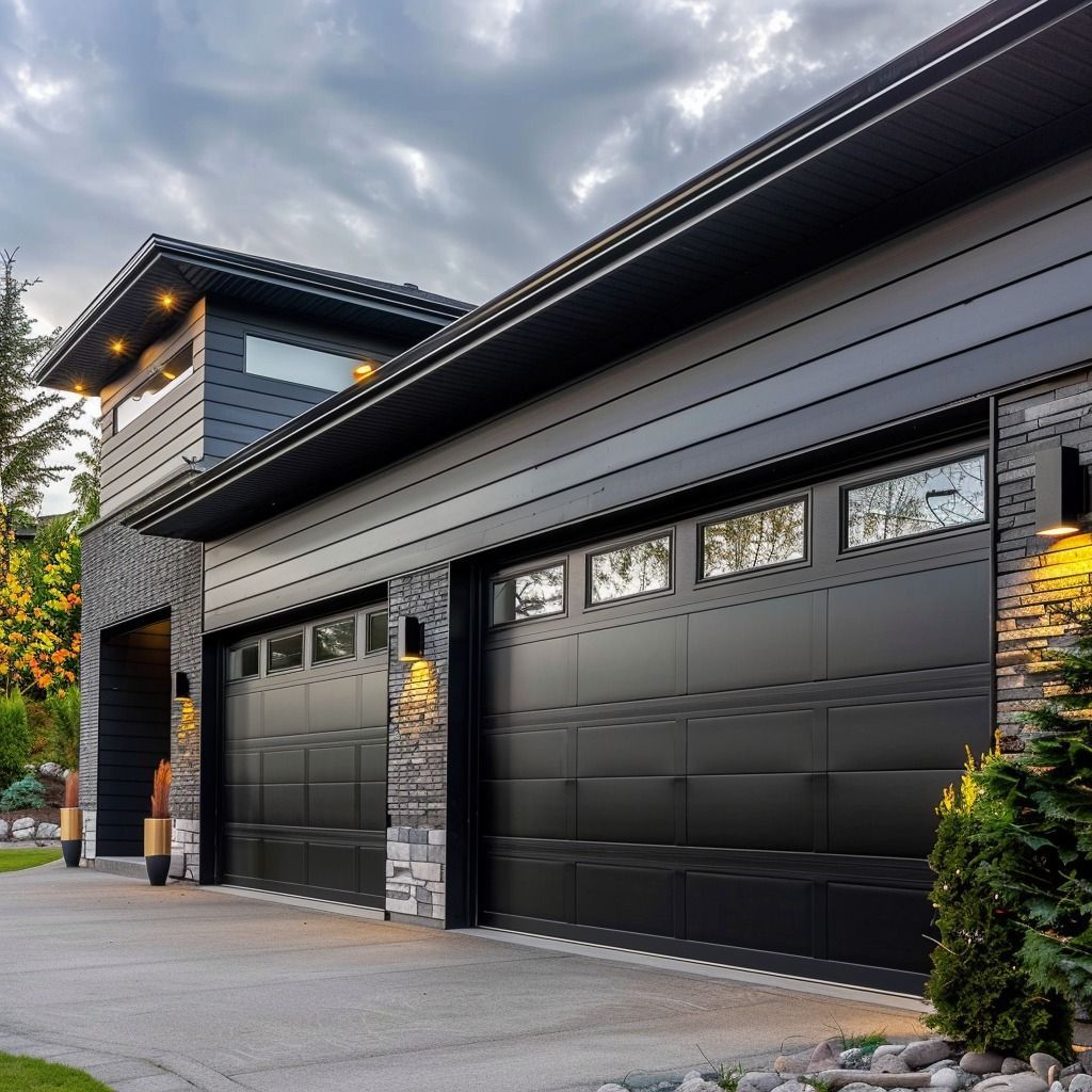 A large house with a black garage door and a stone wall.