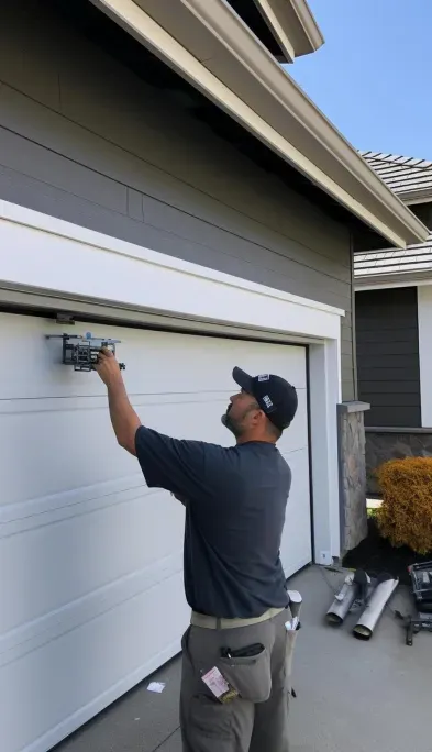 A man is painting the side of a garage door.