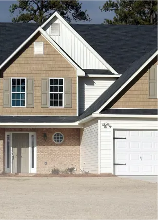 A house with a white garage door and a black roof