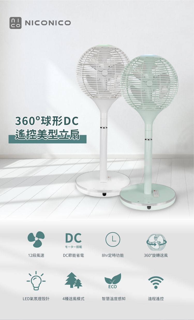 NICONICO 360度球形DC遙控美型立扇/電風扇 (NI-S2011) 璀璨白